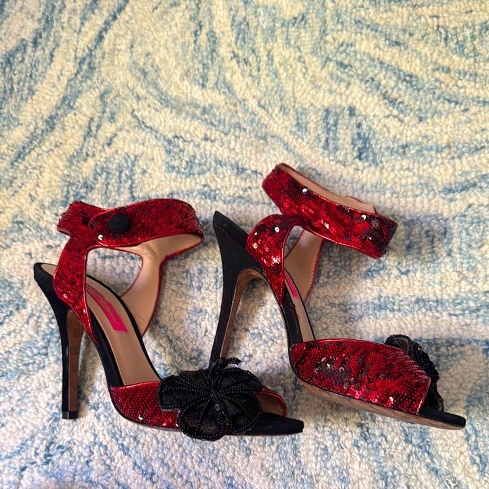 Betsey Johnson Red Sequin Ankle-Strap Heels with Black Floral Accent